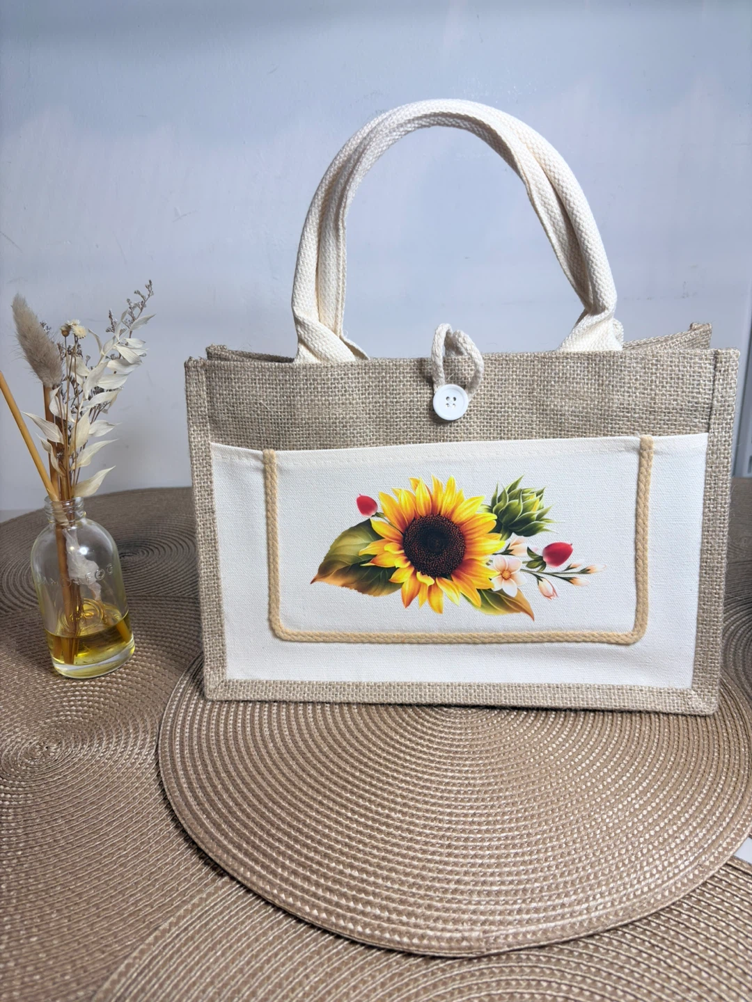 Jute Tote Bag with Sunflower and Butterfly Design - photo 2