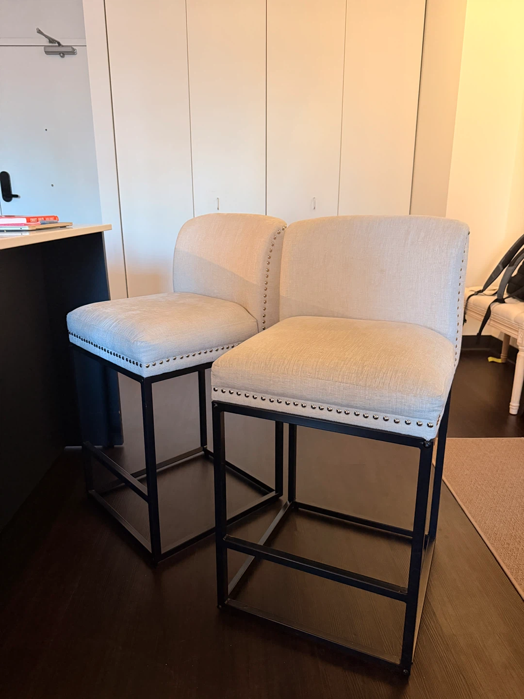 Set of 2 Cream Upholstered Bar Stools with Nailhead Trim
