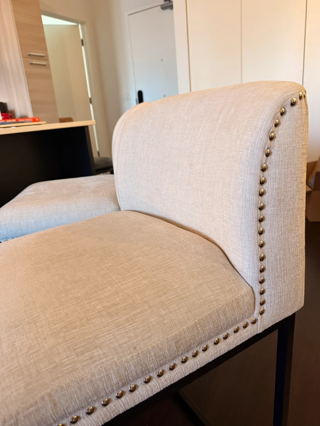 Set of 2 Cream Upholstered Bar Stools with Nailhead Trim - photo 2
