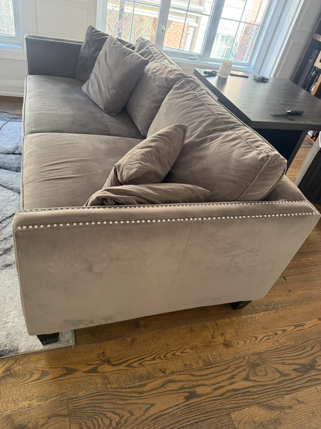 Grey Suede Sofa with Nailhead Trim