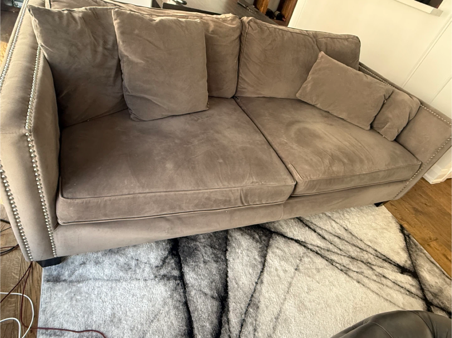 Grey Suede Sofa with Nailhead Trim - photo 3
