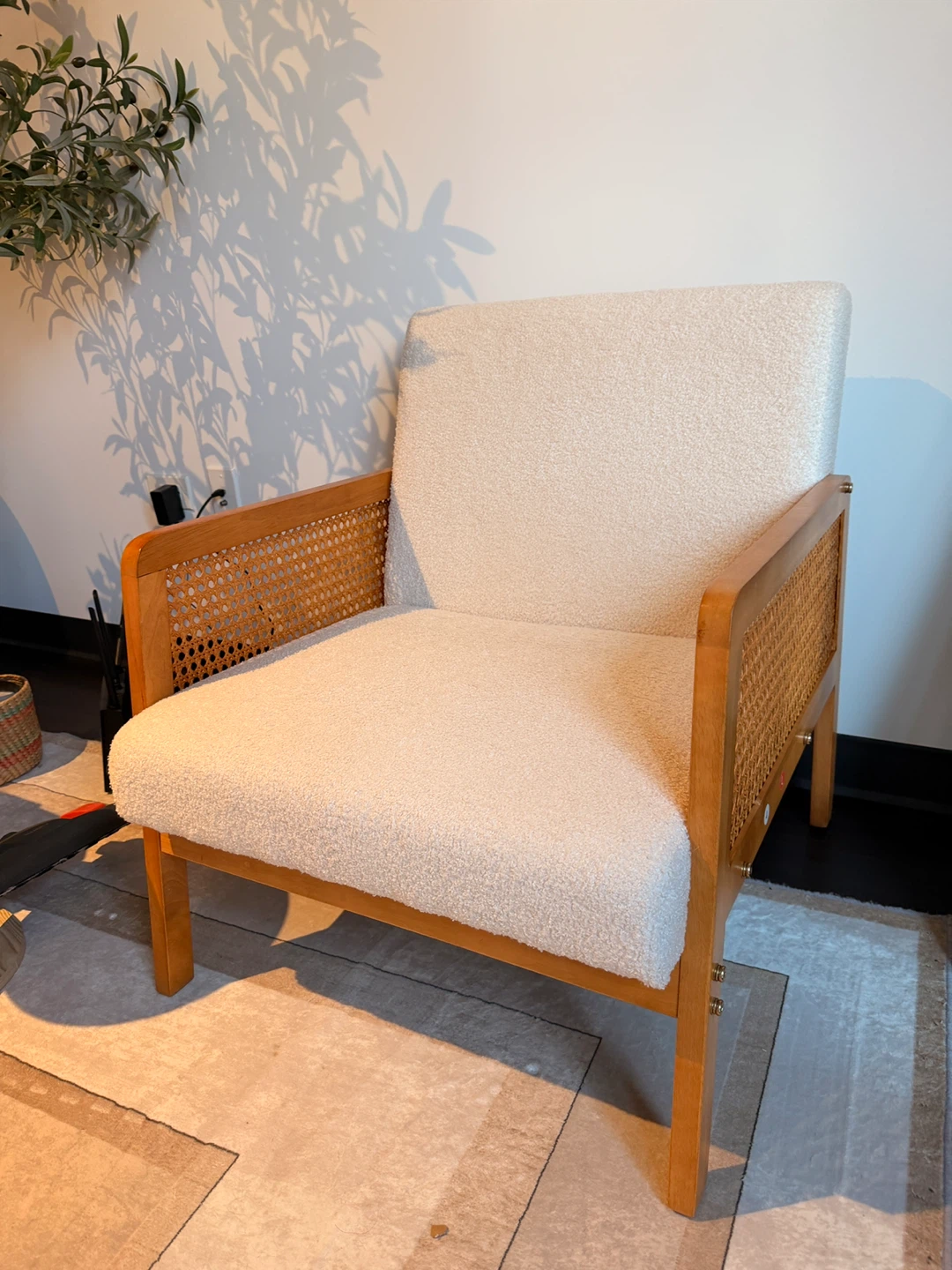 Cream Boucle Armchair with Rattan Accents