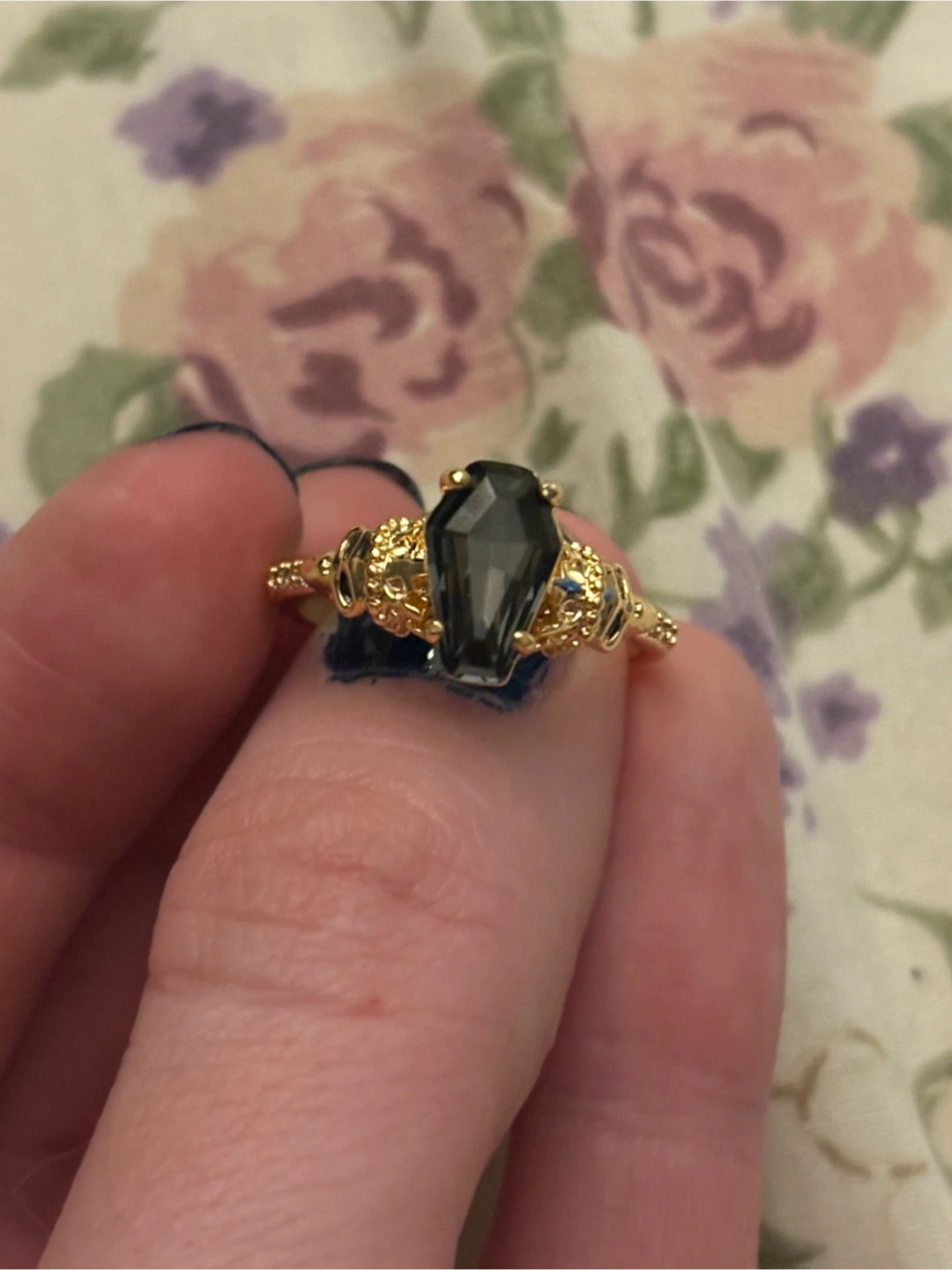 Gold Coffin Ring with Dark Stone