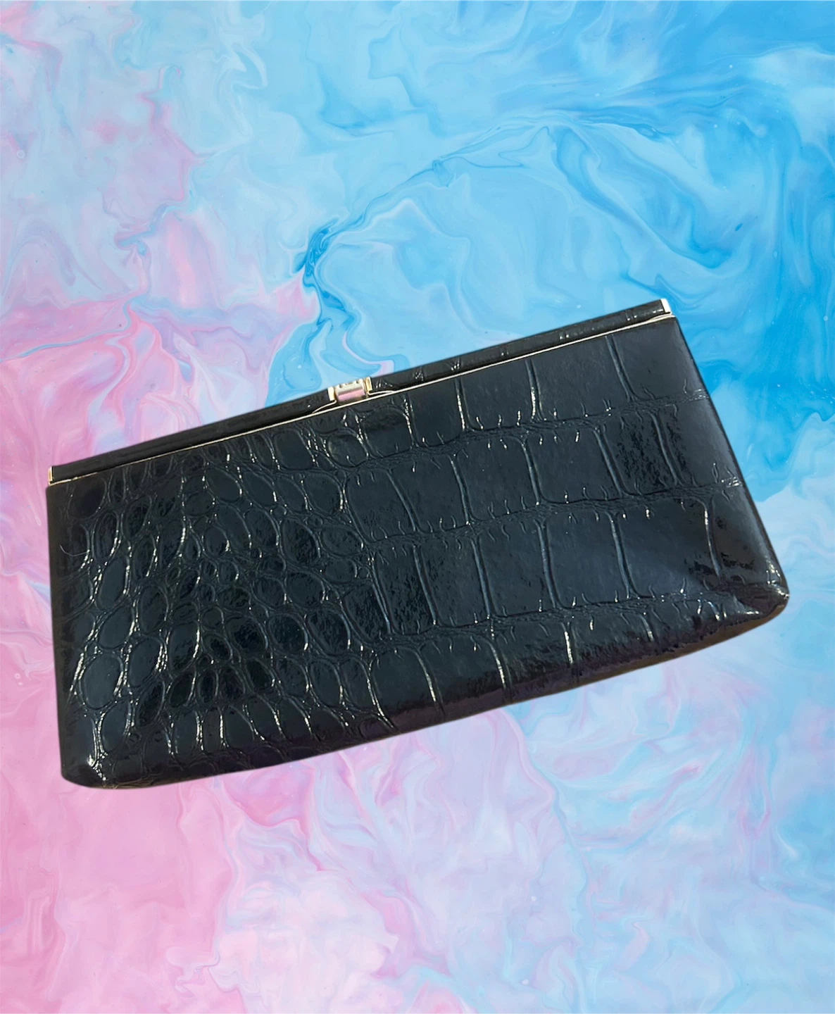 BLACK SHINY CROC-EMBOSSED LEATHER CLUTCH HANDBAG