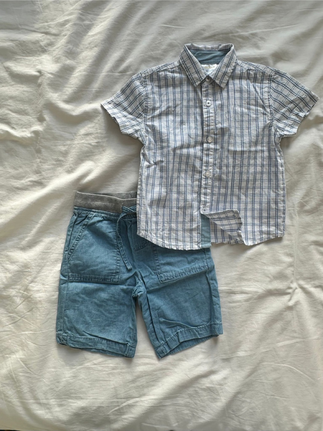 Mauri Up Plaid Button-Up Shirt and Denim Shorts Set - 18 Months