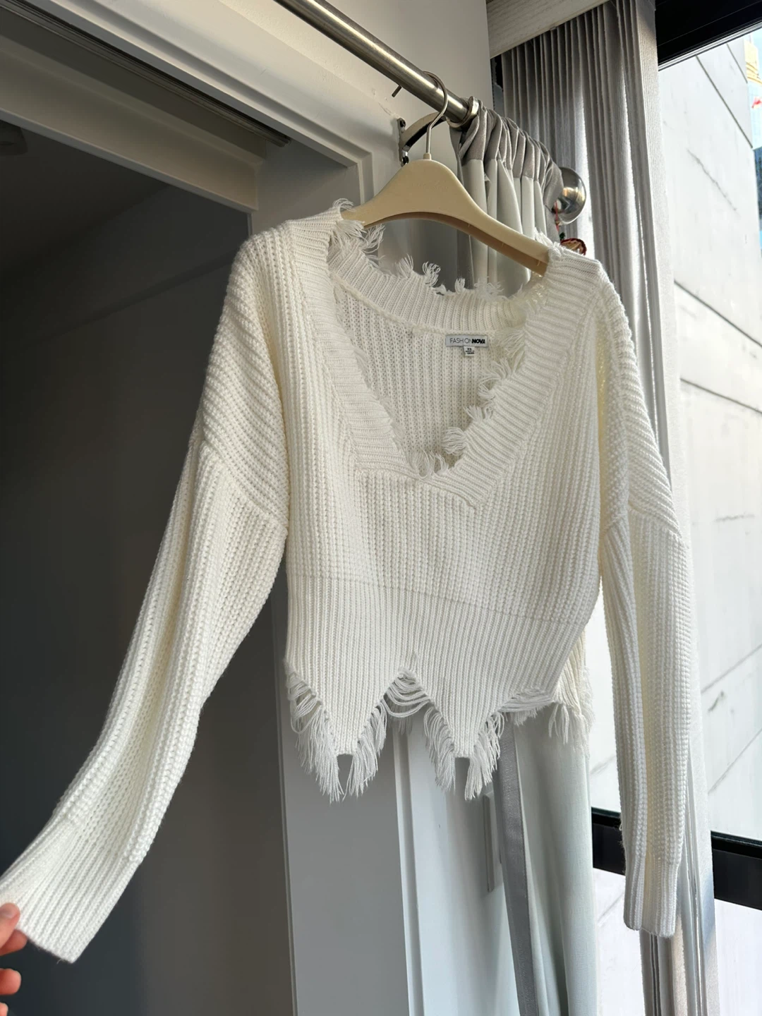 Fashion Nova White Distressed Knit Sweater