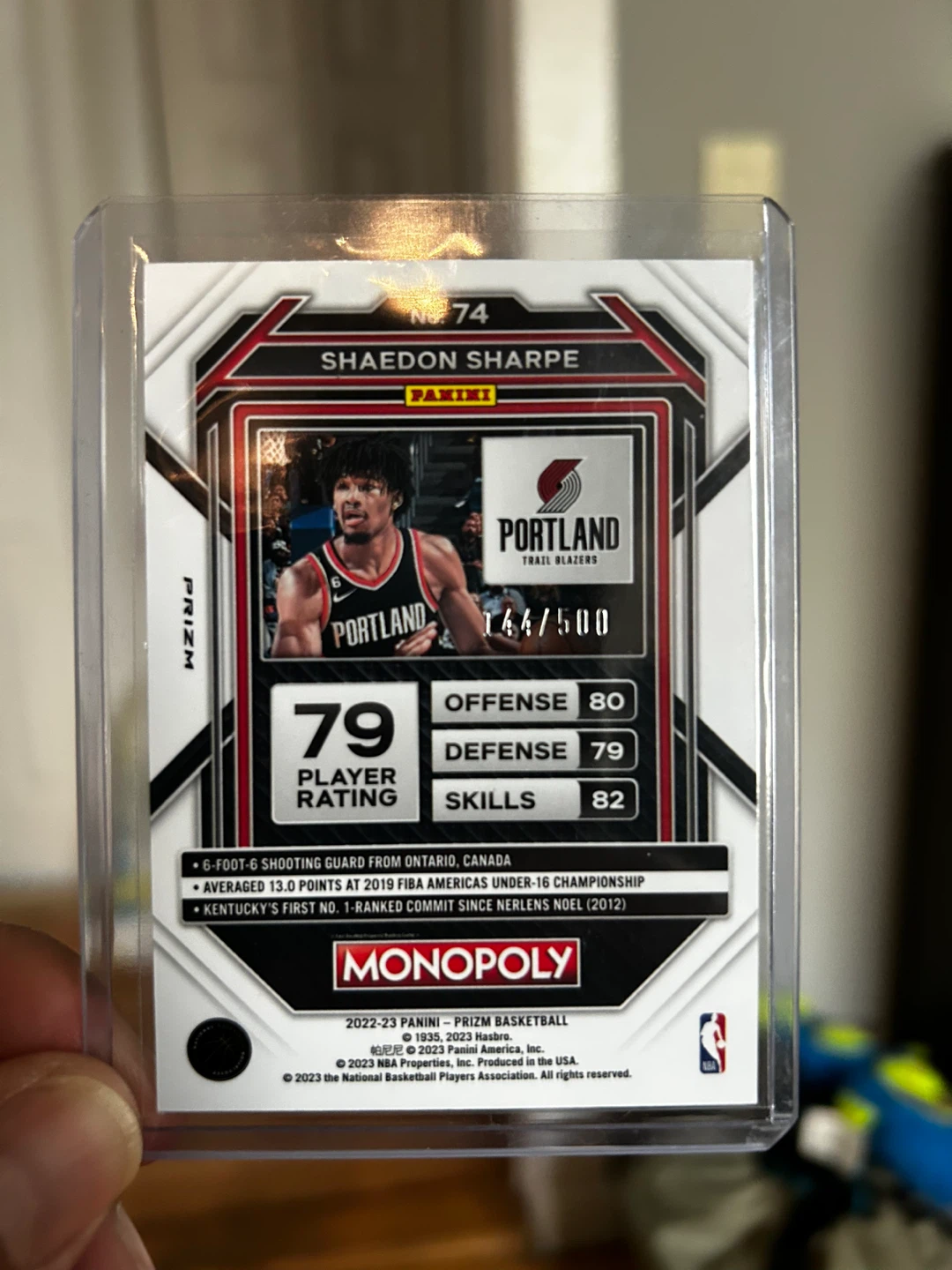 2022-23 Panini Prizm Shaedon Sharpe Monopoly RC Card 144/500 - photo 2