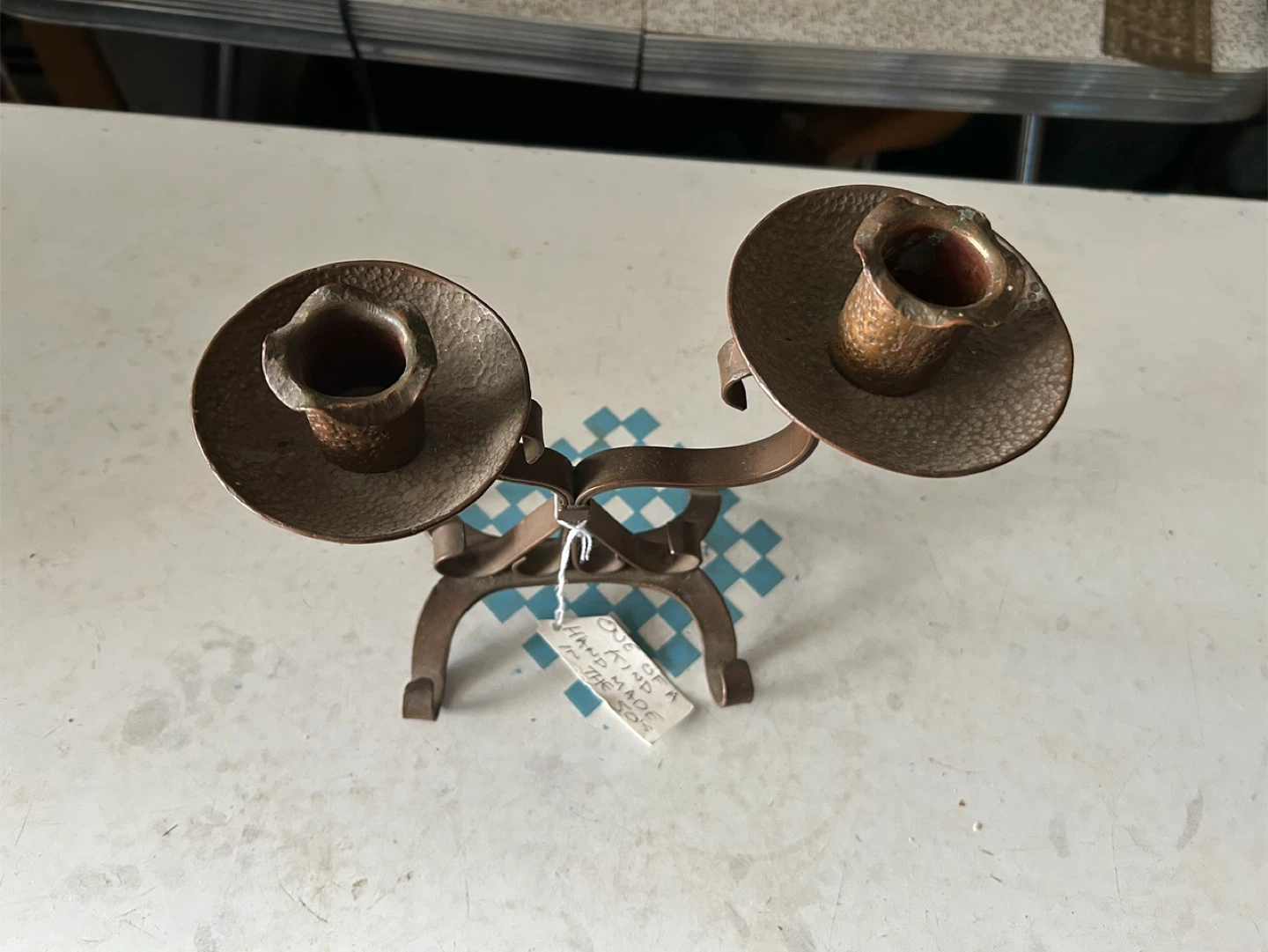 Handmade Copper-Tone Two-Arm Candlestick Holder