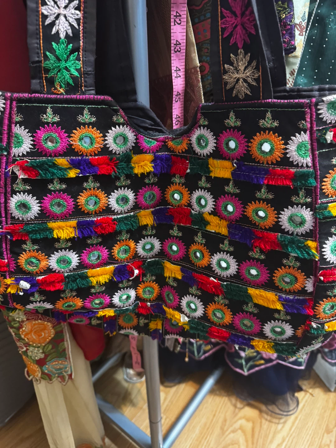 Embroidered Black Tote Bag with Mirror Work