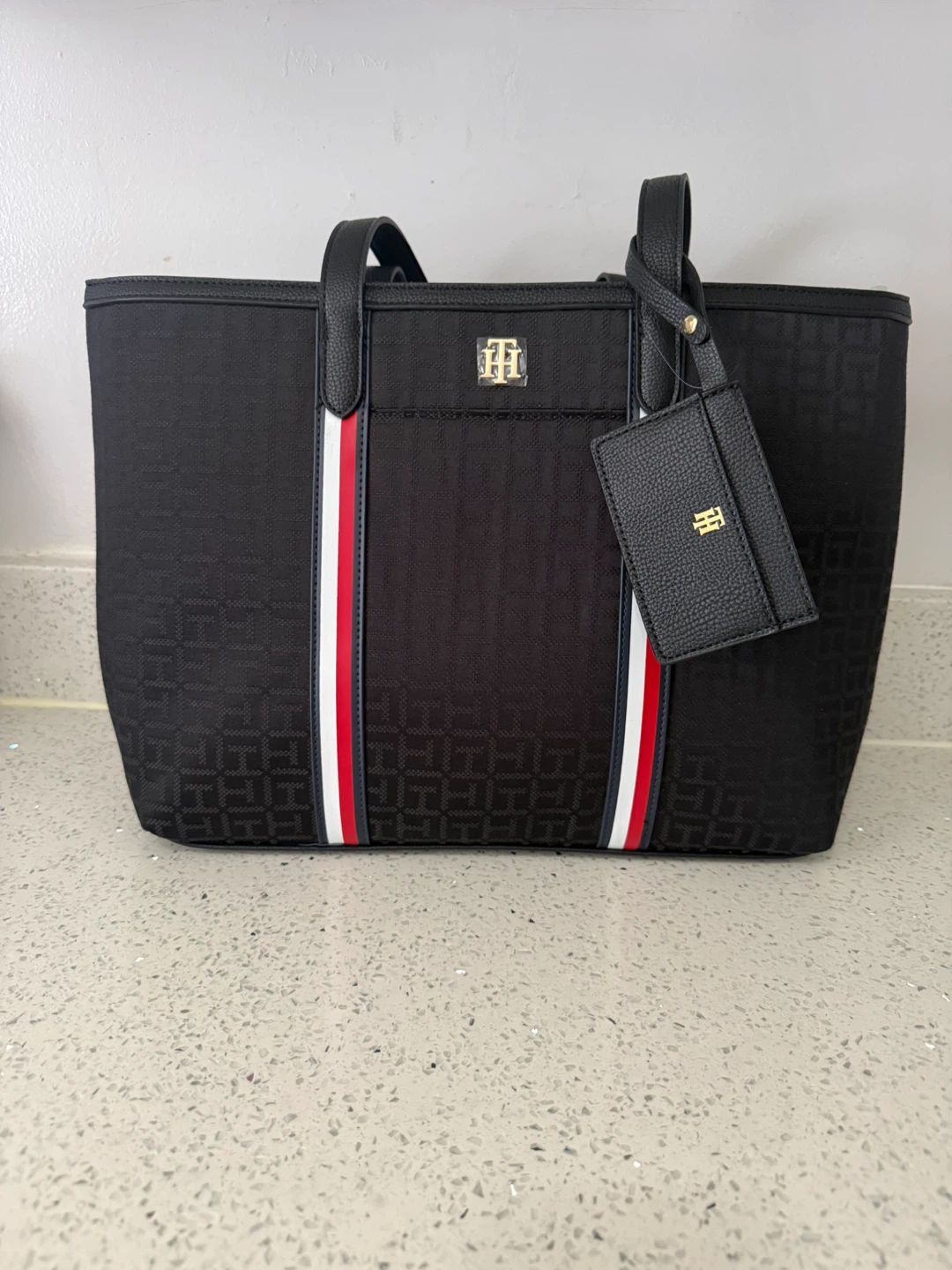 Tommy Hilfiger Black Monogram Tote Bag with Luggage Tag