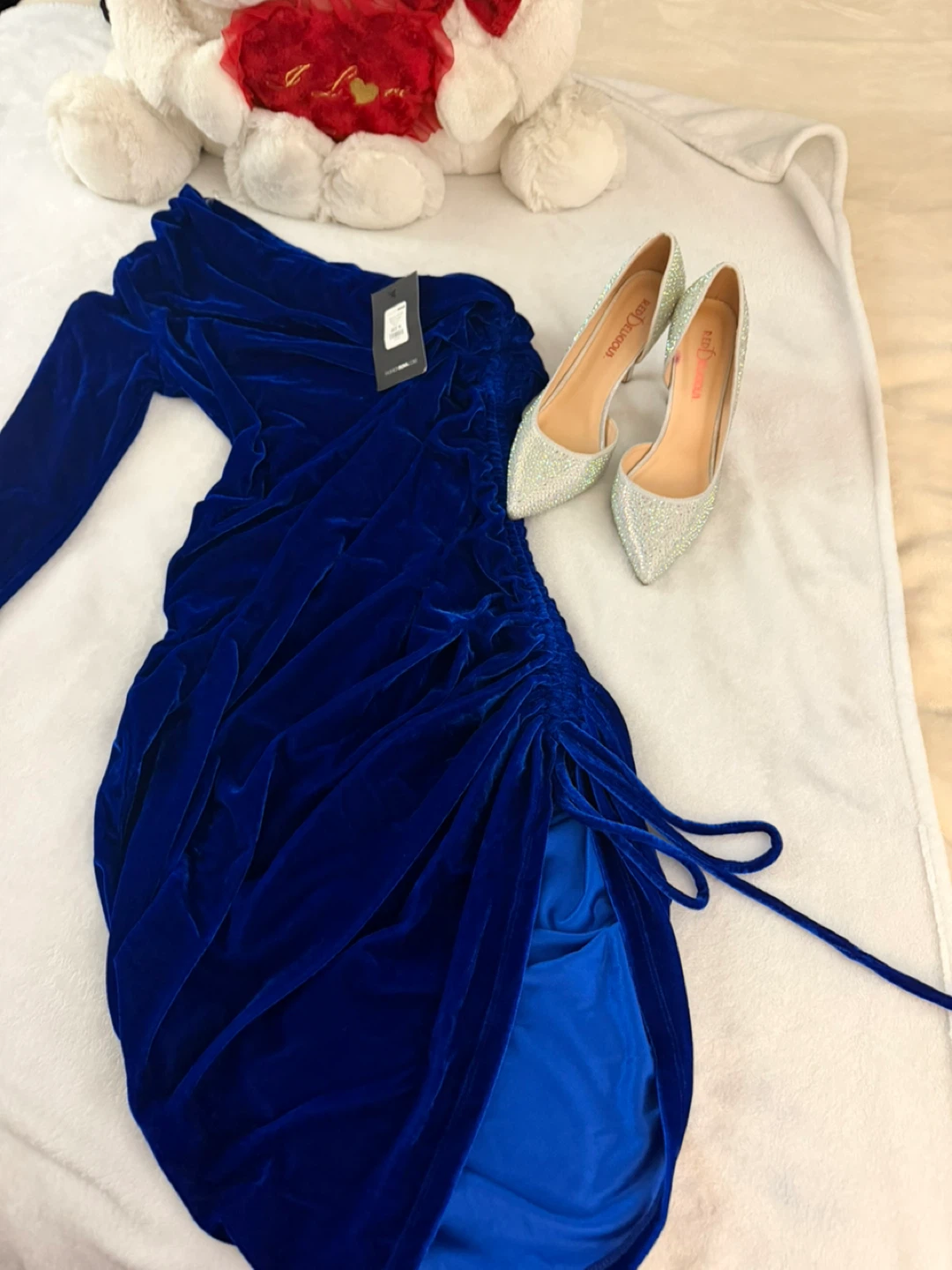 Fashion Nova Blue Velvet Ruched One Shoulder Dress - photo 2