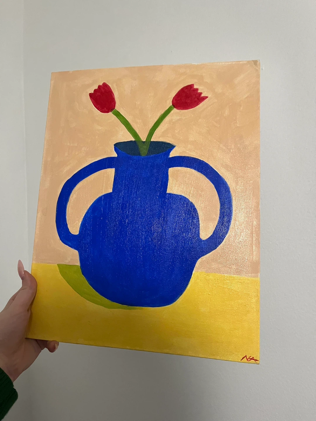 HAND PAINTED | ONE OF A KIND Blue Vase with Red Tulips Painting - photo 2