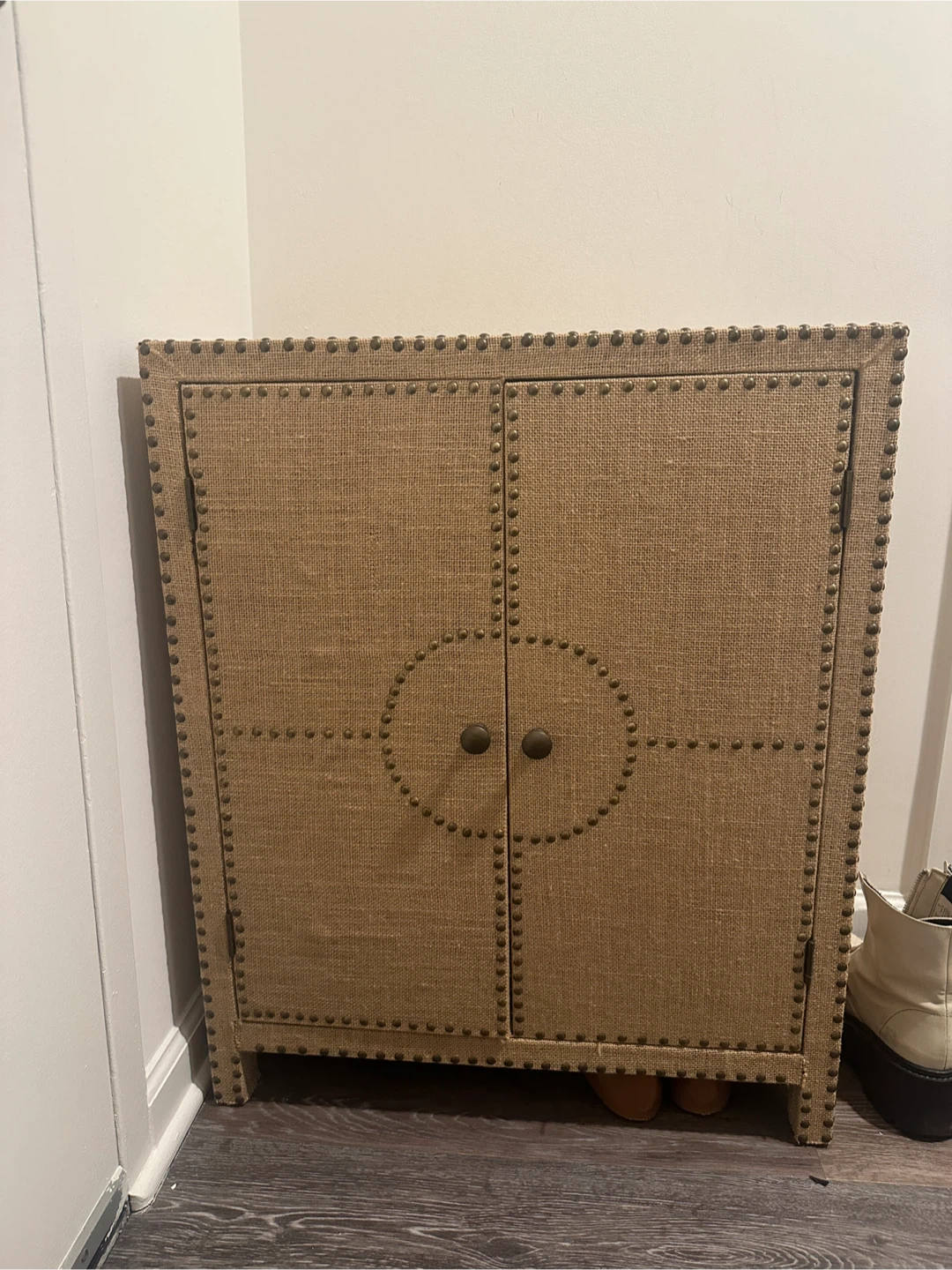 Upholstered Storage Cabinet with Studded Detail