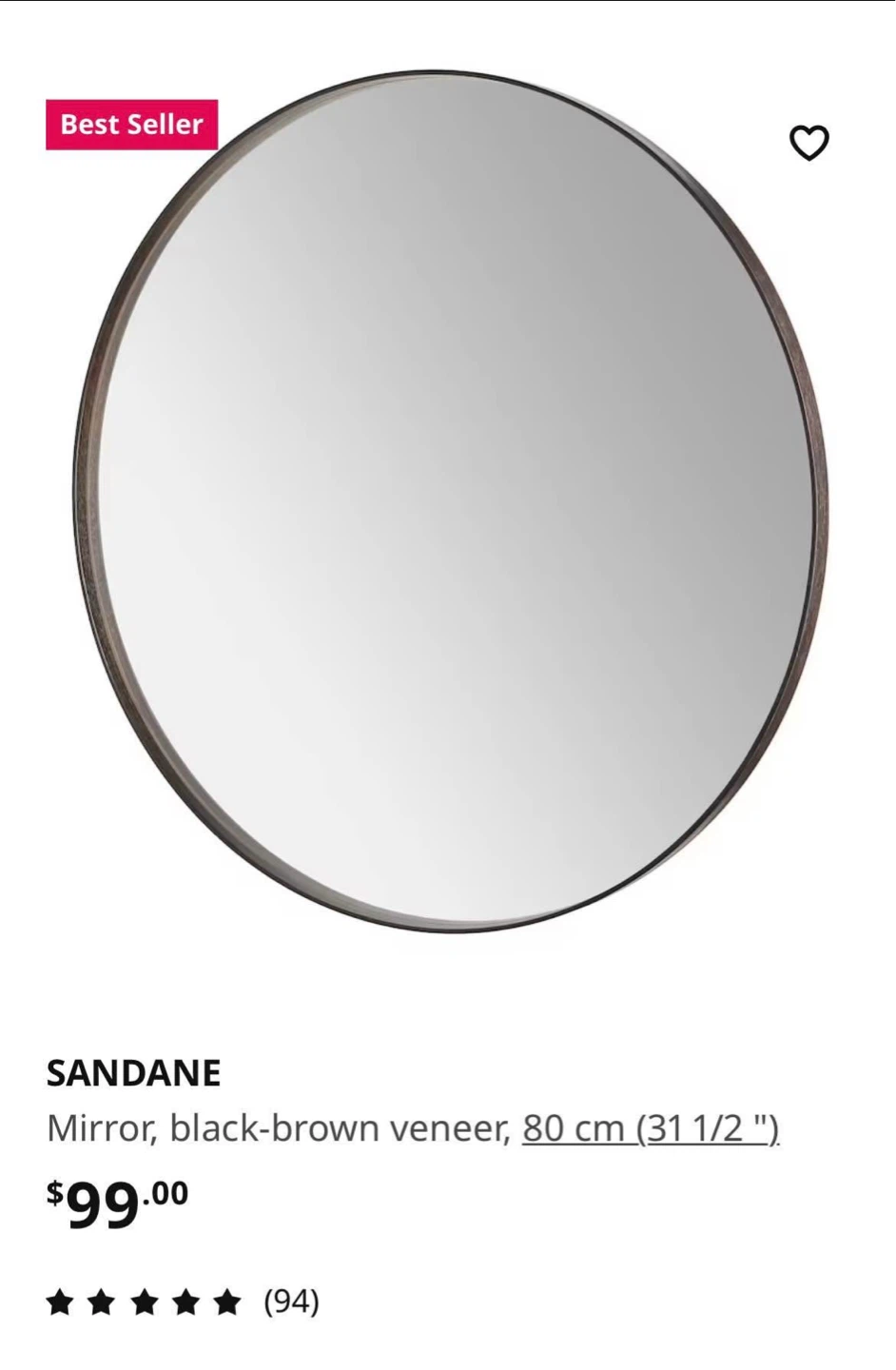 SANDANE Mirror, Black-Brown Veneer, 80 cm