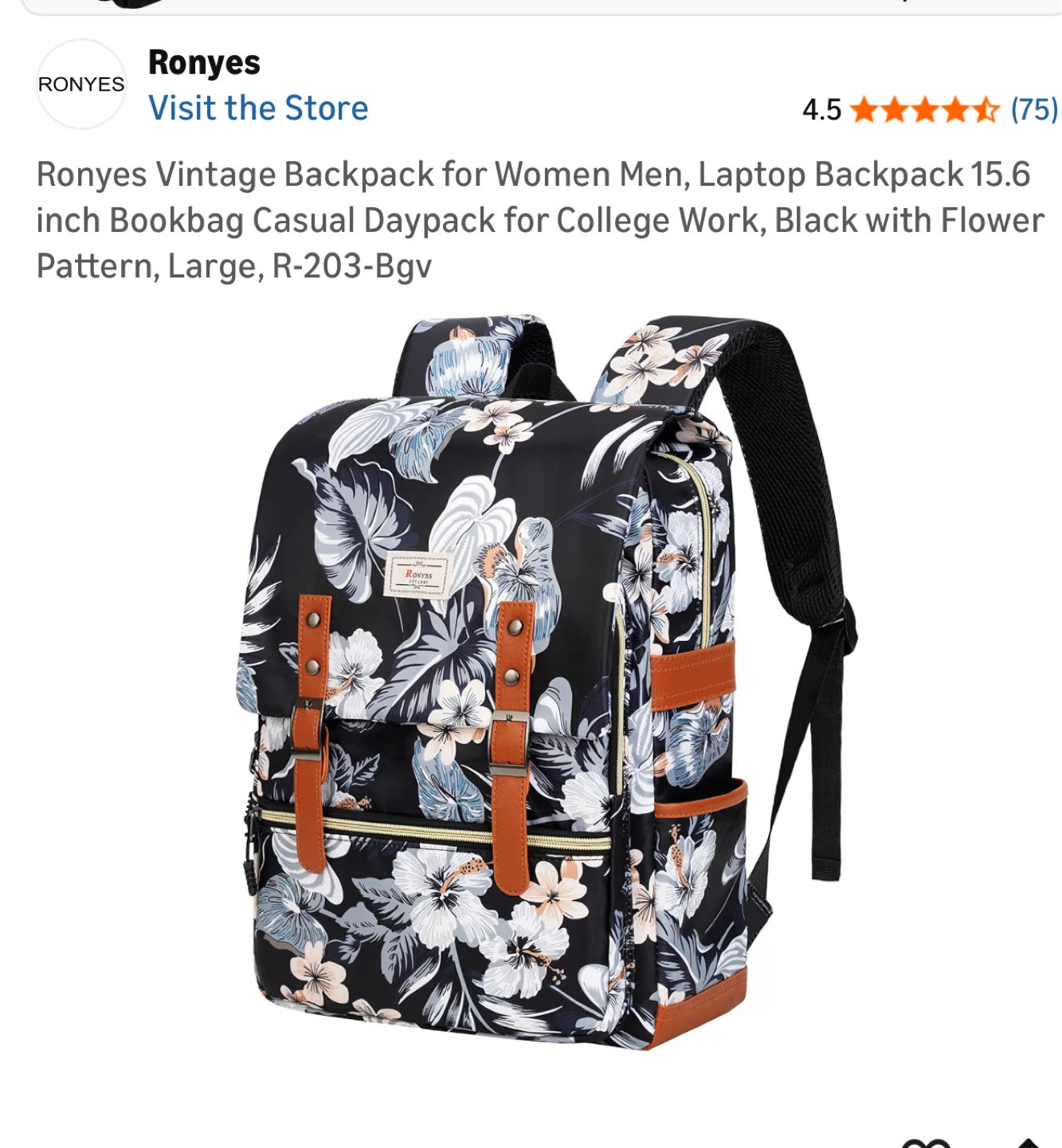 Ronyes Vintage Laptop Backpack - Black Floral Pattern, Large