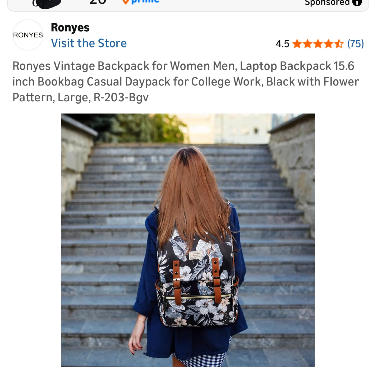 Ronyes Vintage Laptop Backpack - Black Floral Pattern, Large - photo 2