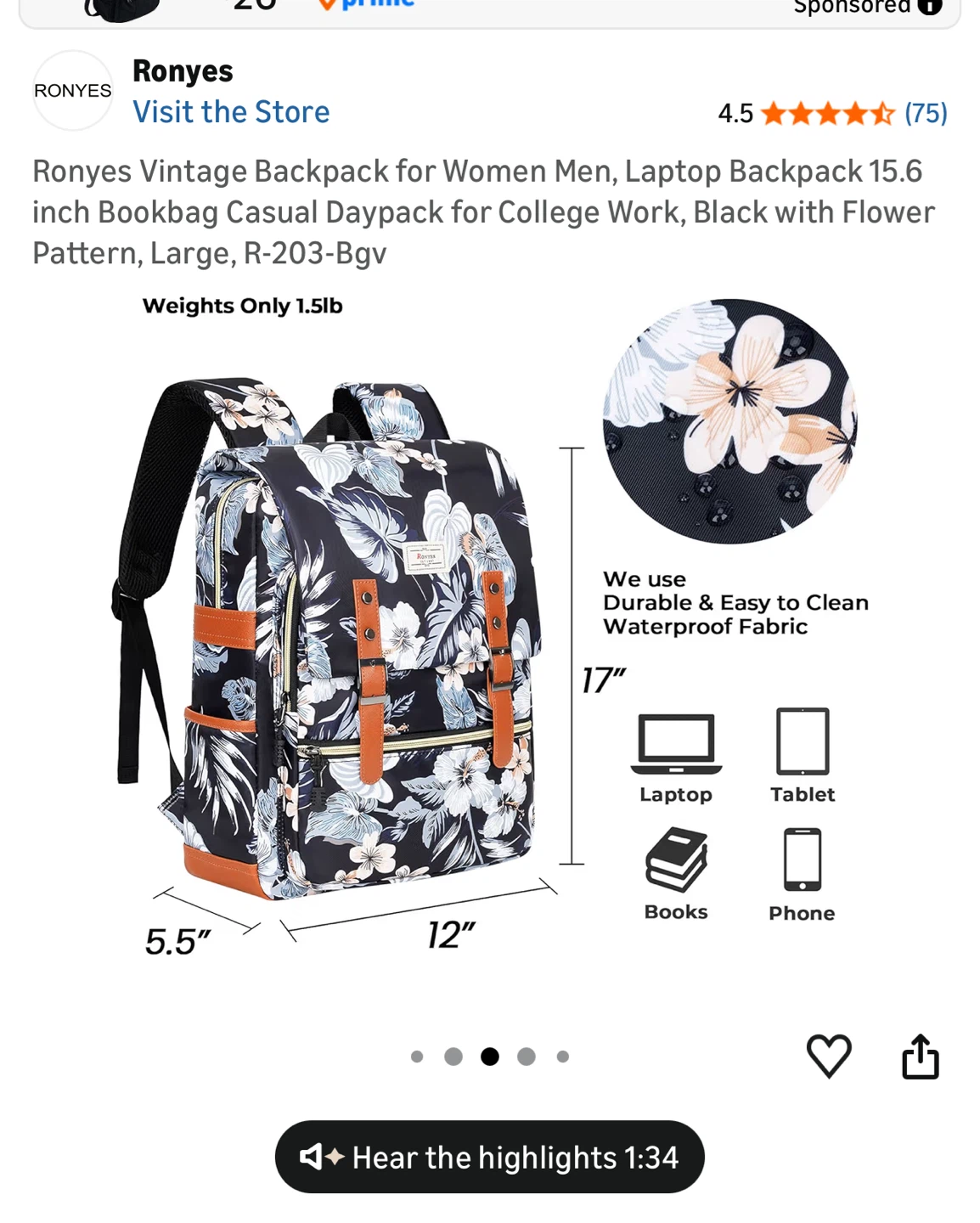 Ronyes Vintage Laptop Backpack - Black Floral Pattern, Large - photo 3