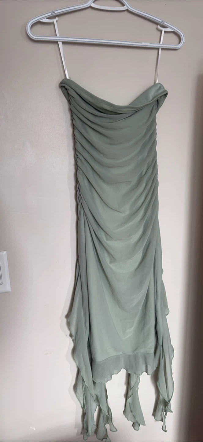 Sage Green Ruched Strapless Dress