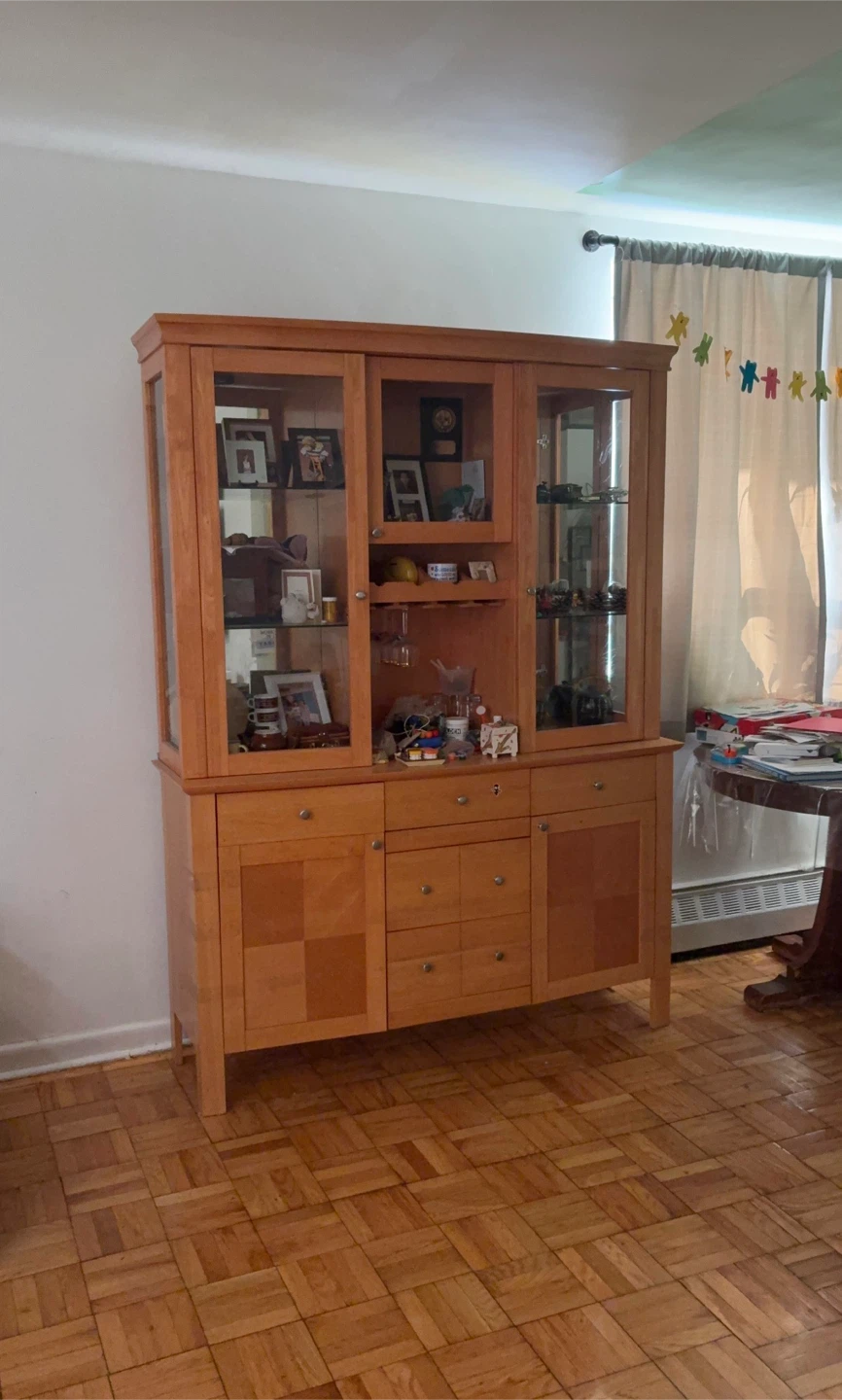 Wooden China Cabinet with Glass Doors and Drawers