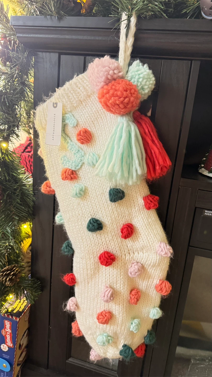 Anthropologie Cream Pom Pom Christmas Stocking Letter S - photo 2
