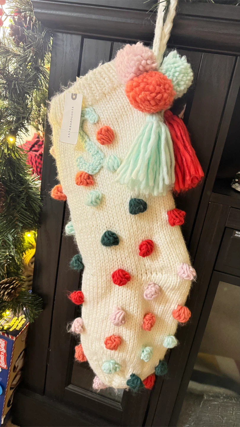Anthropologie Cream Pom Pom Christmas Stocking Letter S