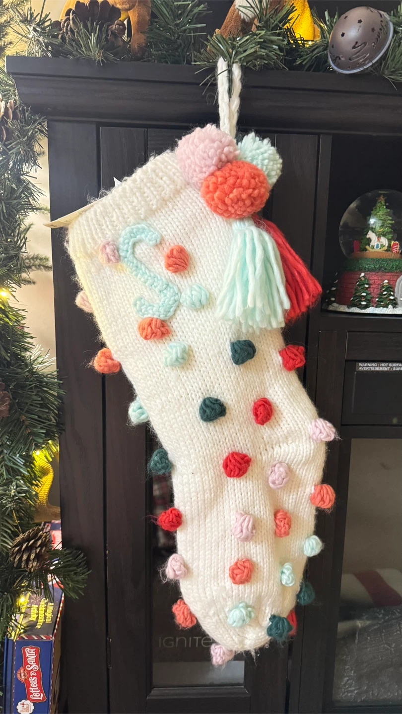 Anthropologie Cream Pom Pom Christmas Stocking Letter S - photo 4