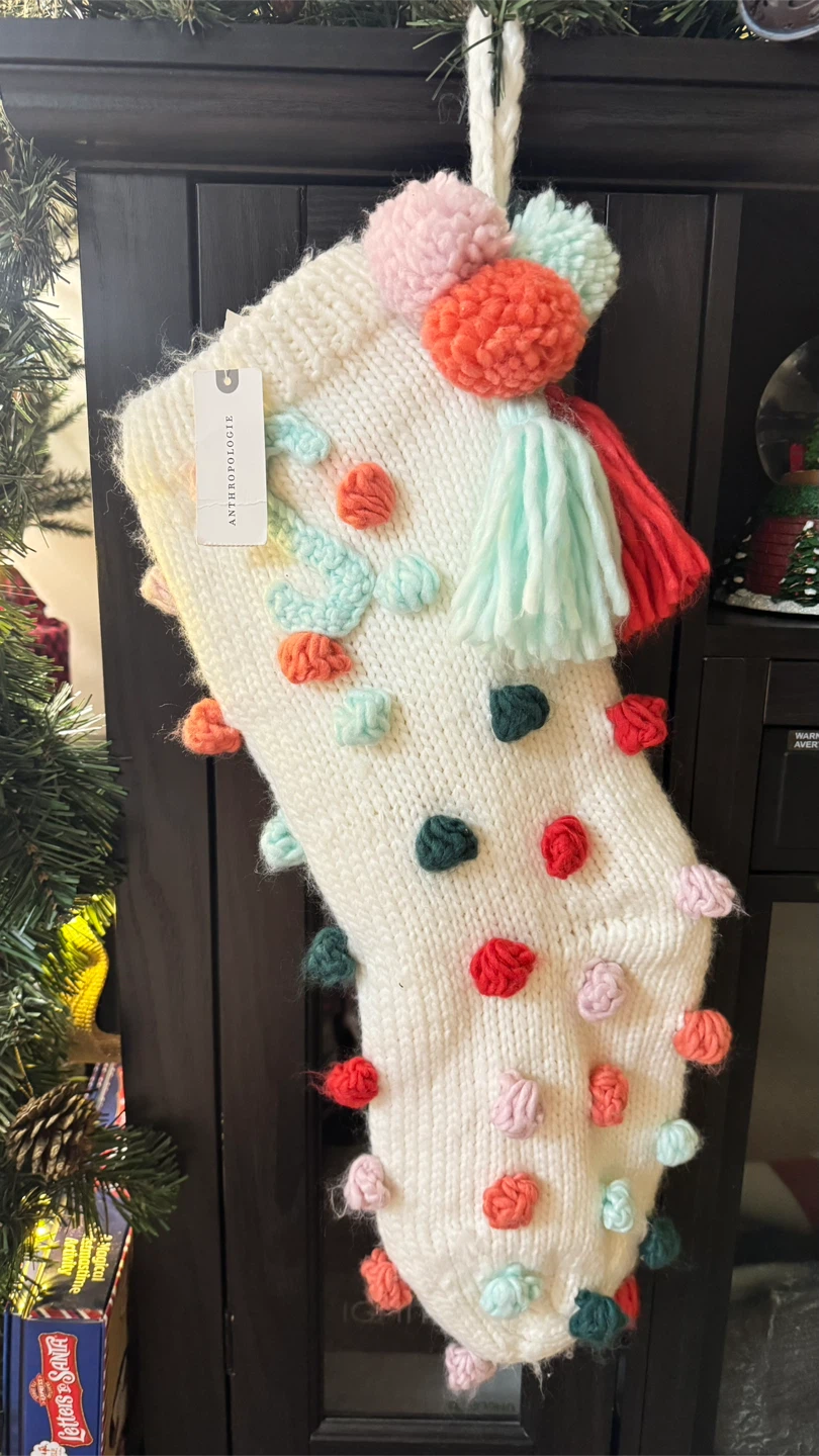Anthropologie Cream Pom Pom Christmas Stocking Letter S - photo 3