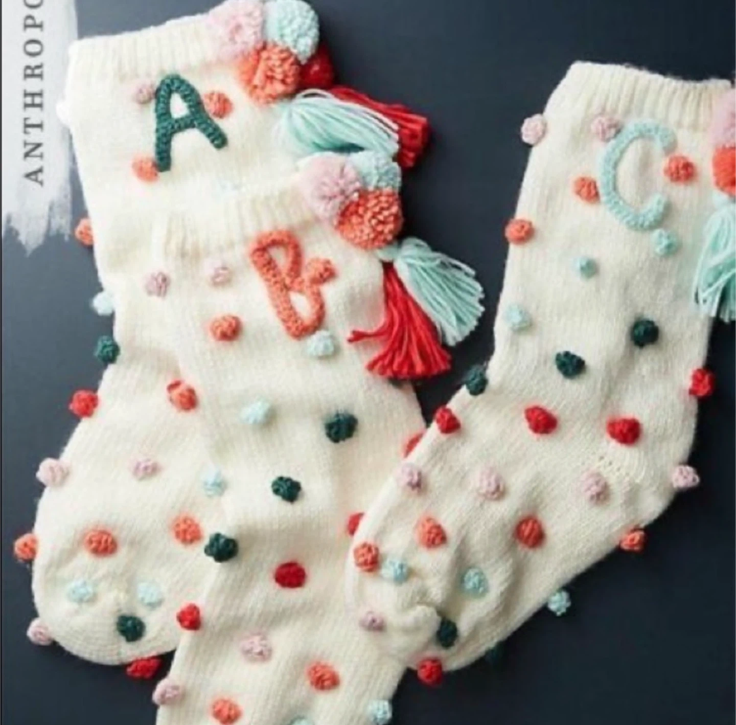 Anthropologie Cream Pom Pom Christmas Stocking Letter S - photo 5
