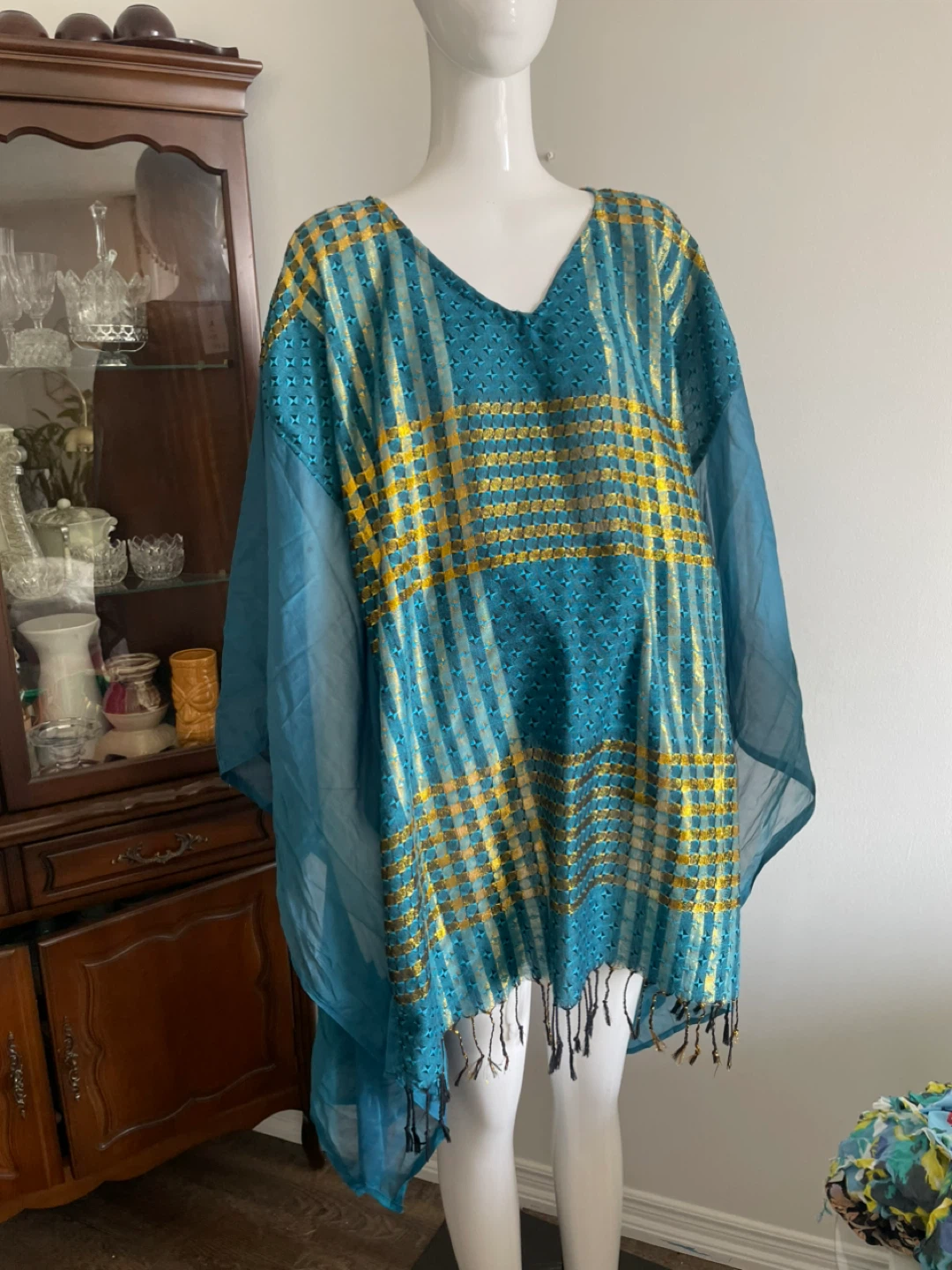 Blue and Yellow Patterned Tunic with Fringe - photo 2