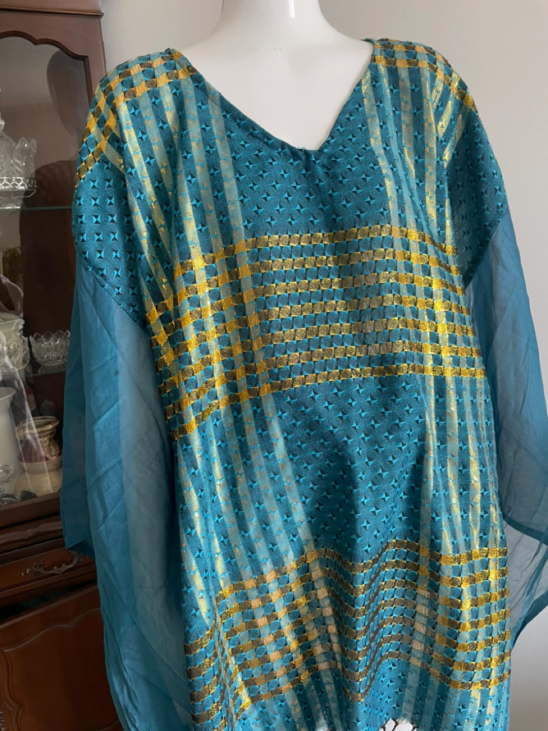 Blue and Yellow Patterned Tunic with Fringe