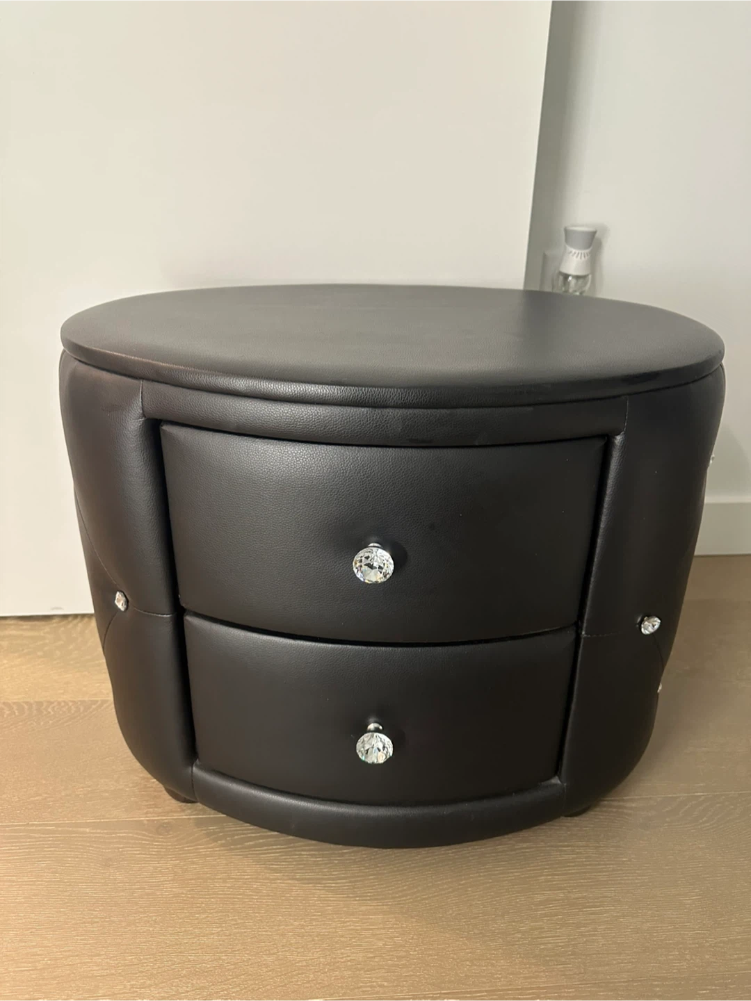 Tufted crystal nightstand in black faux leather w/ 2 drawers