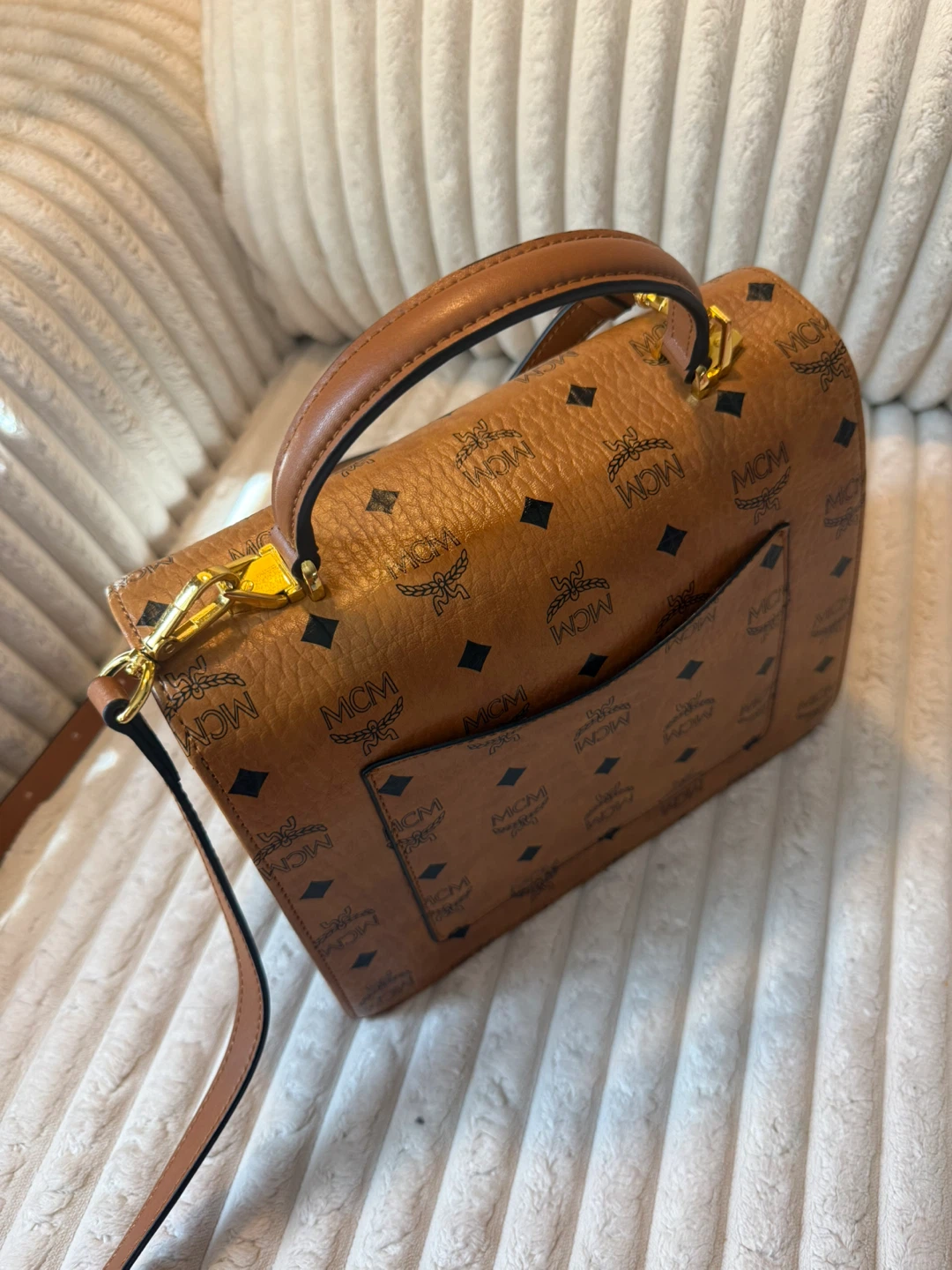 MCM Small Tracy Visetos Satchel In Cognac - photo 3