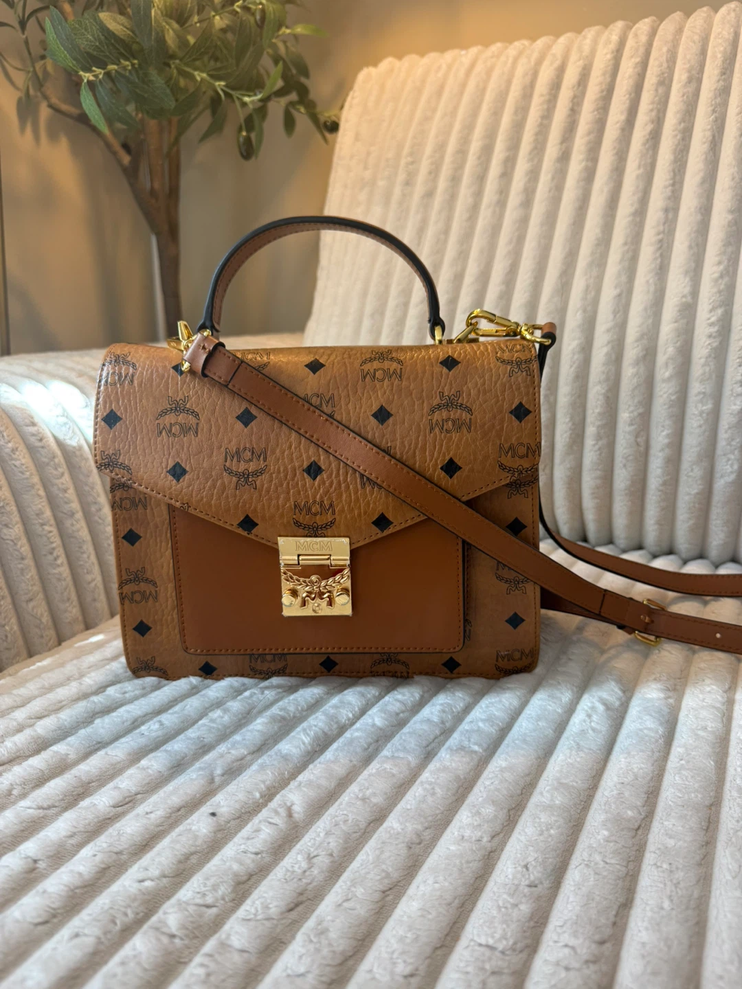 MCM Small Tracy Visetos Satchel In Cognac
