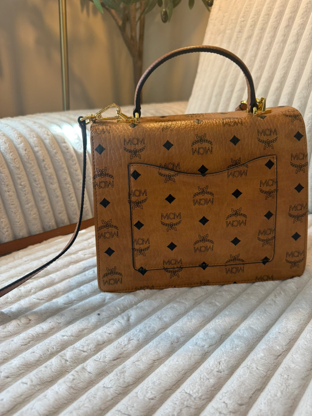 MCM Small Tracy Visetos Satchel In Cognac - photo 2
