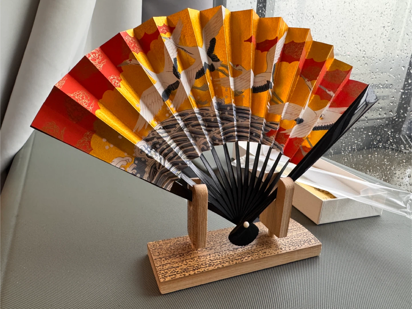 Japanese Crane Folding Fan with Stand - photo 3