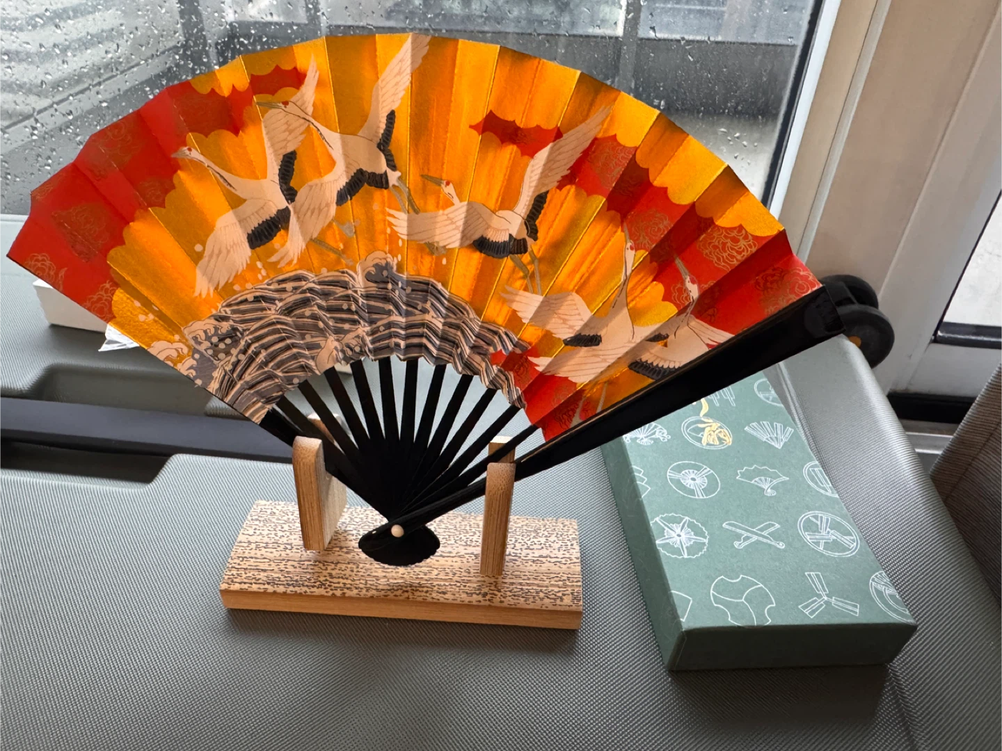 Japanese Crane Folding Fan with Stand