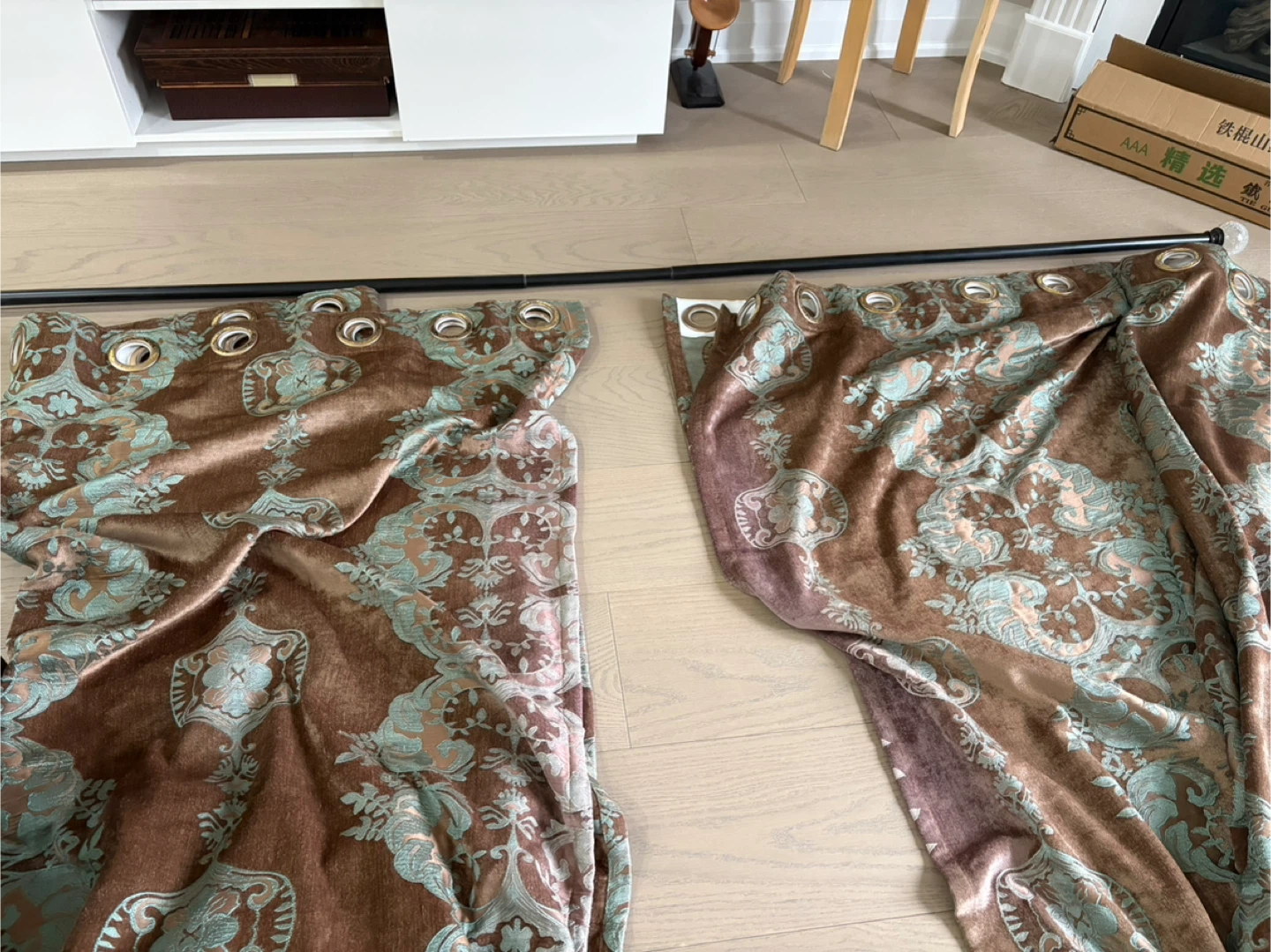 Decorative Brown and Teal Damask Curtains with Curtain Rod