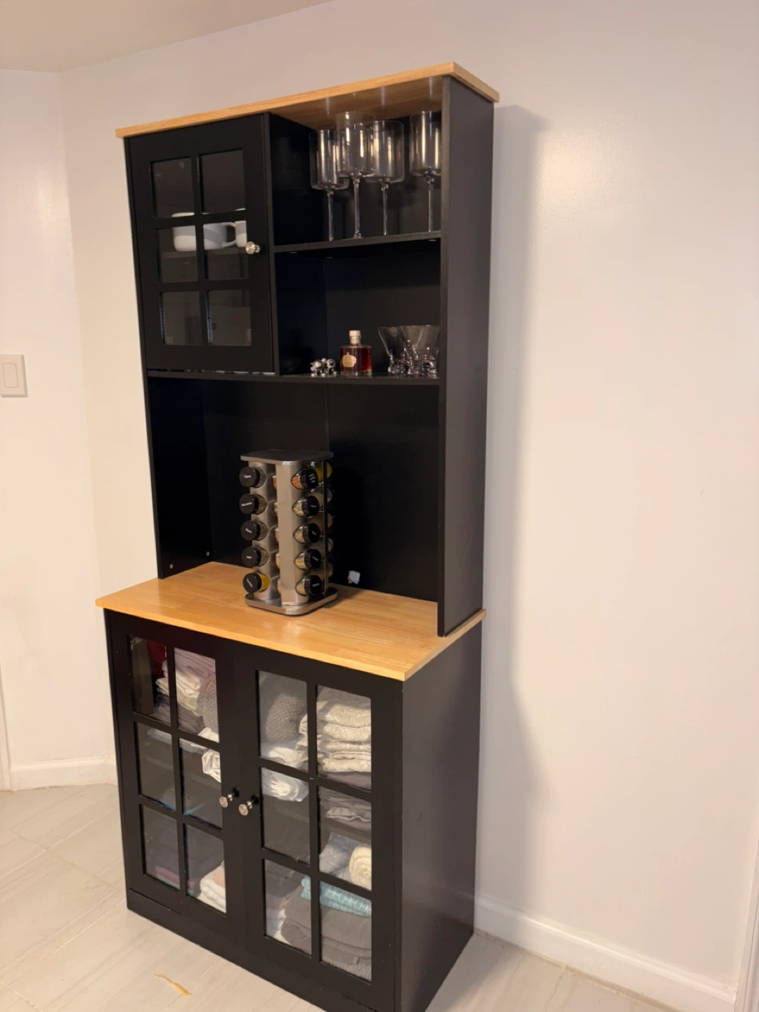 Black Kitchen Hutch with Glass Doors and Wood Top - photo 2