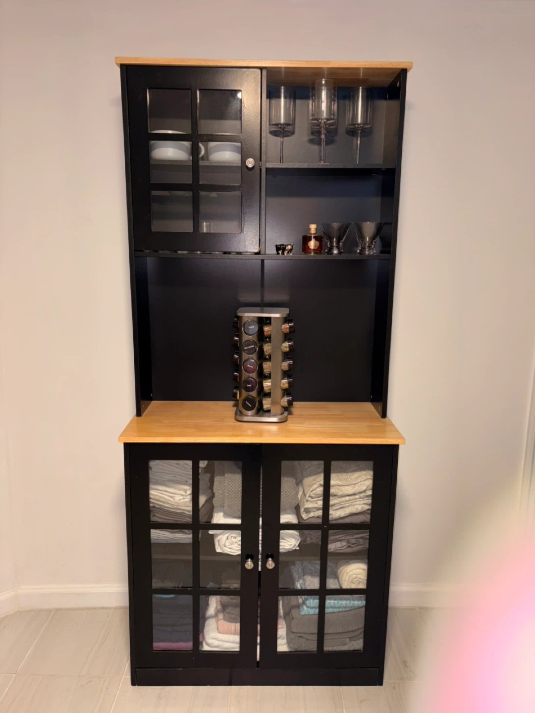 Black Kitchen Hutch with Glass Doors and Wood Top
