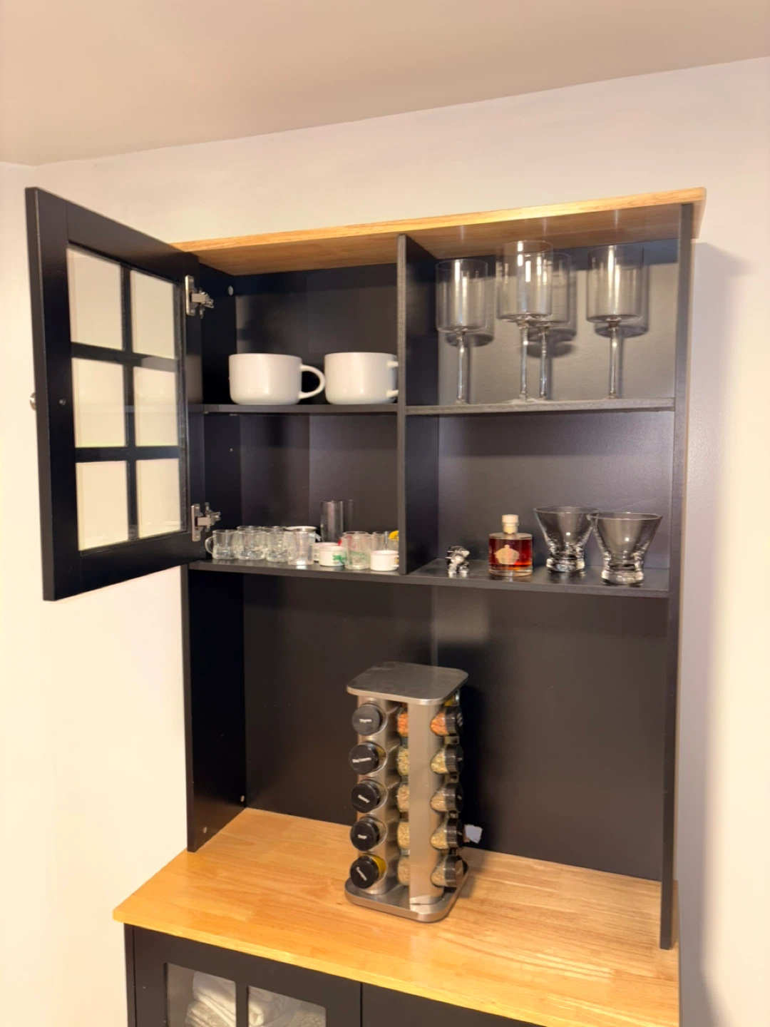 Black Kitchen Hutch with Glass Doors and Wood Top - photo 3