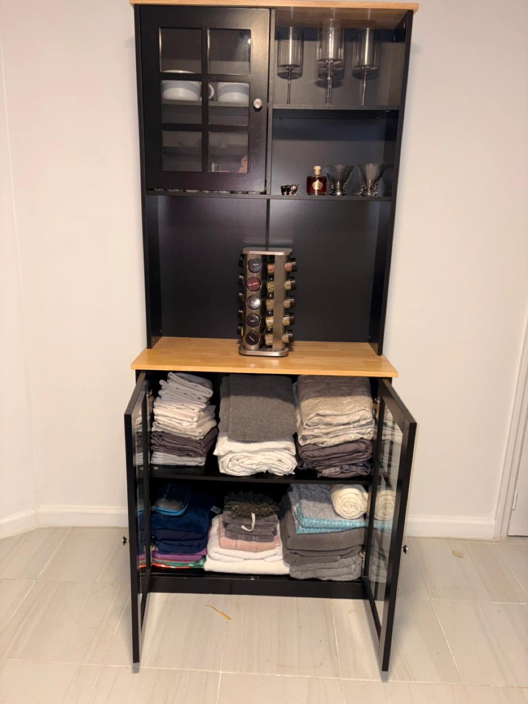 Black Kitchen Hutch with Glass Doors and Wood Top - photo 4