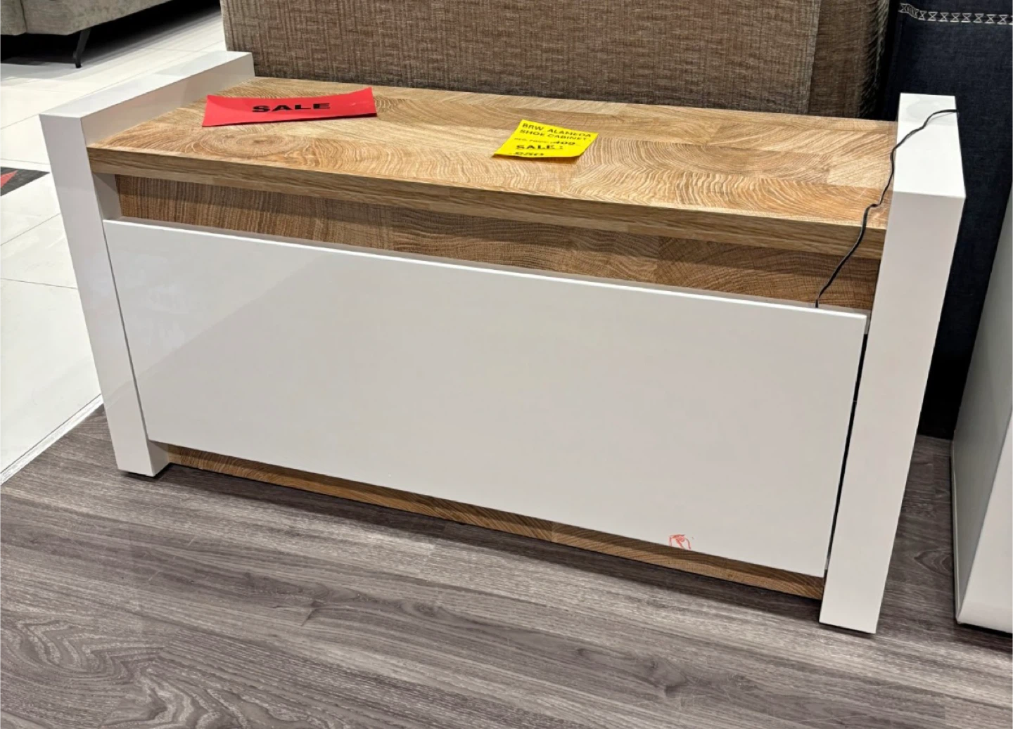Modern Storage Bench with Wood Top and White Doors