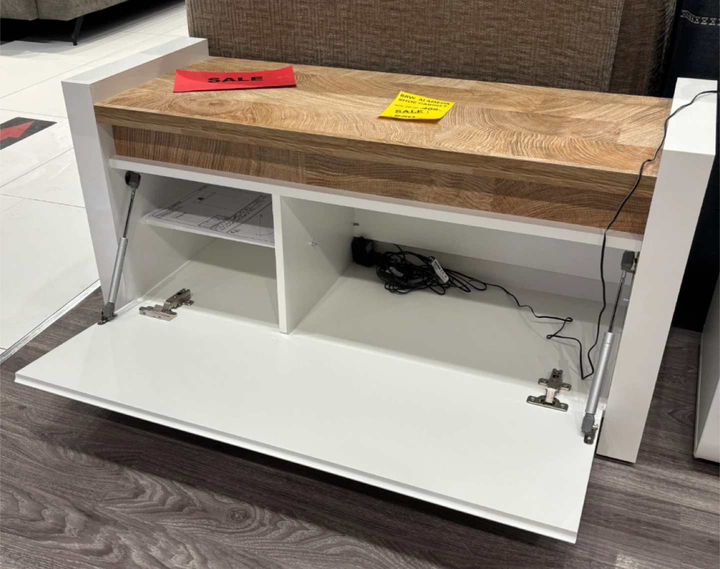 Modern Storage Bench with Wood Top and White Doors - photo 2
