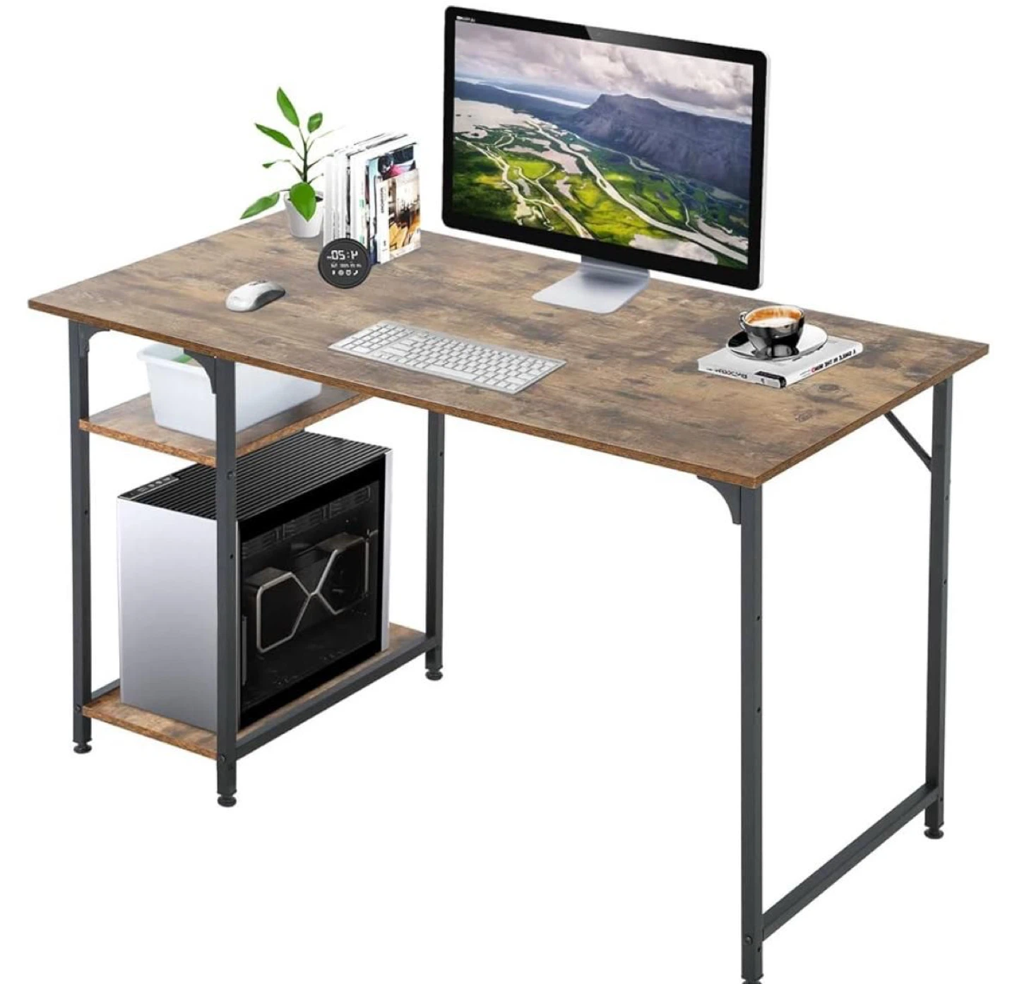 Rustic Wood Computer Desk with Shelves
