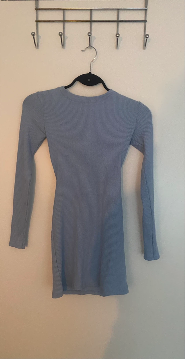 Bershka Light Blue Ribbed Long Sleeve Cut-Out Dress - photo 2