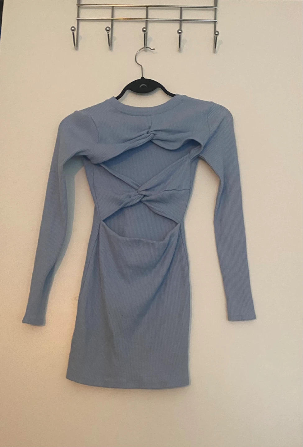 Bershka Light Blue Ribbed Long Sleeve Cut-Out Dress
