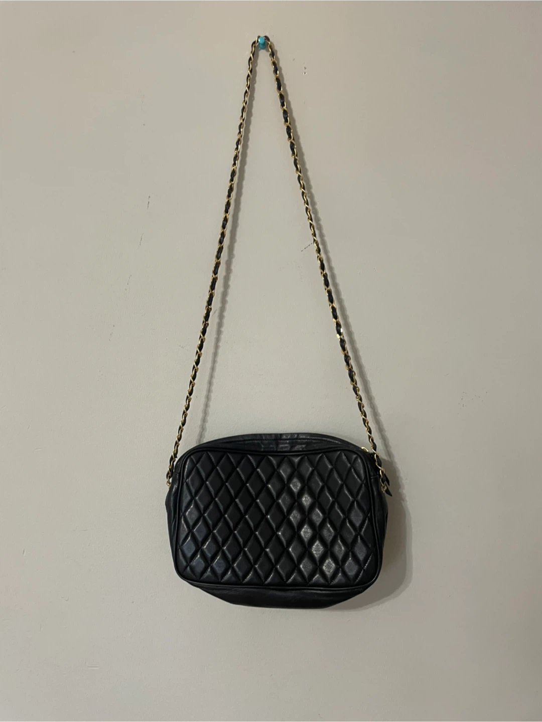 Black Quilted Leather Shoulder Bag with Gold Chain