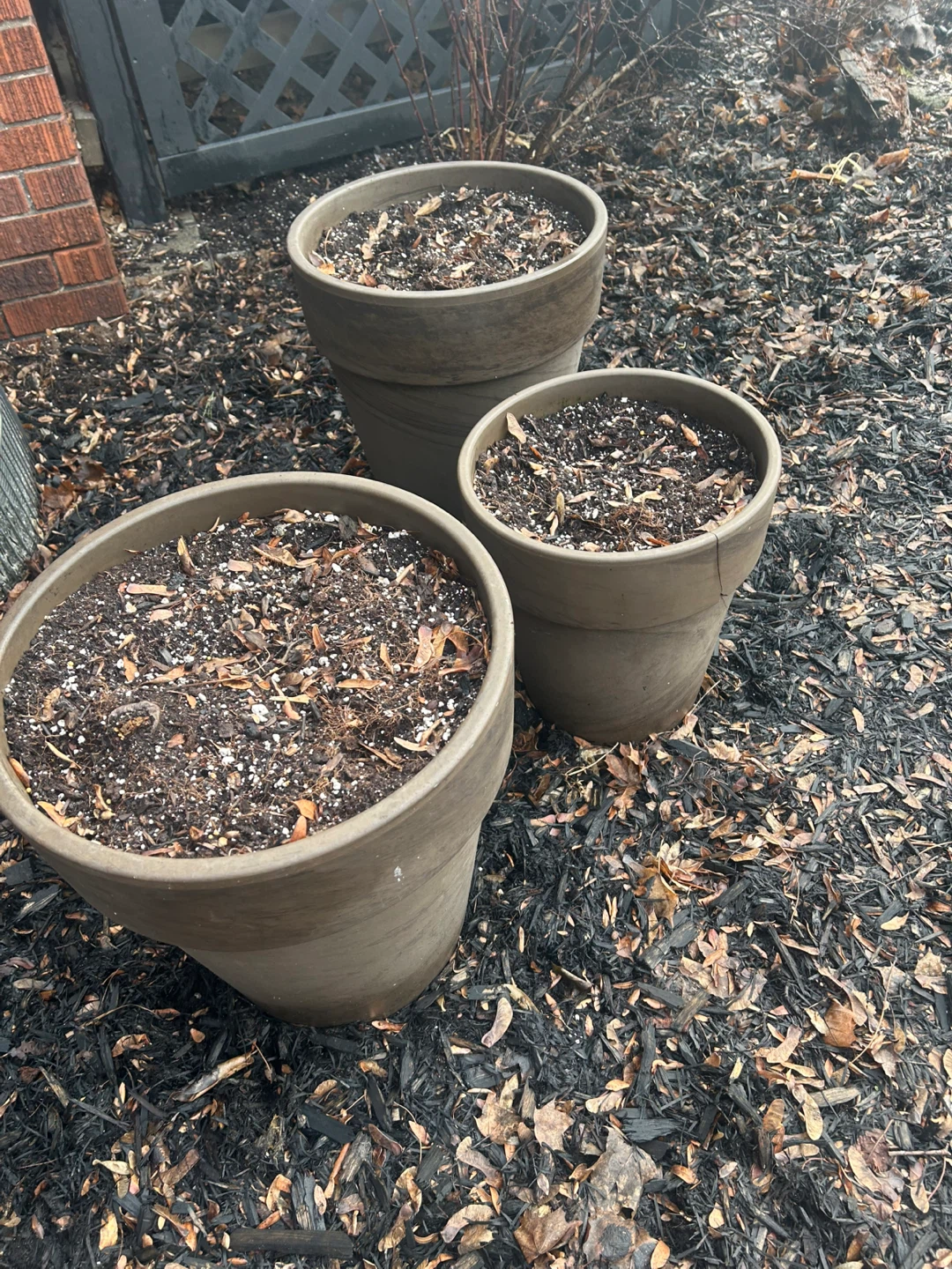 Set of 3 large brown ceramic stone planters