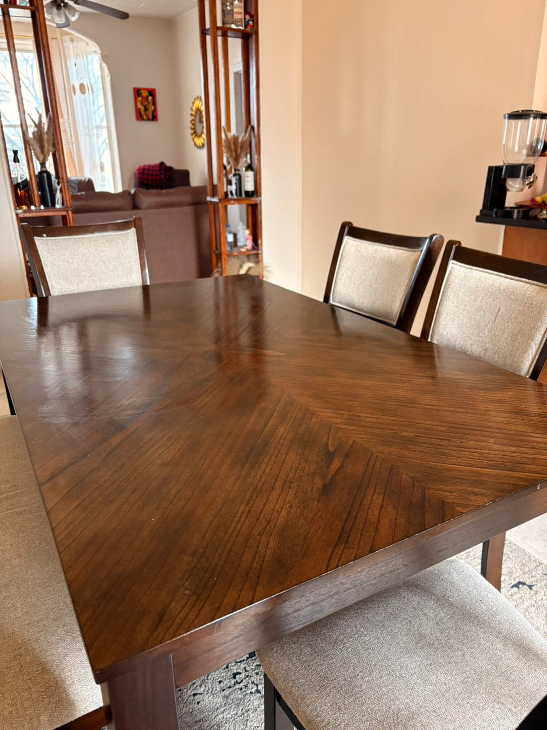 Dark Wood Dining Table with Upholstered Chairs