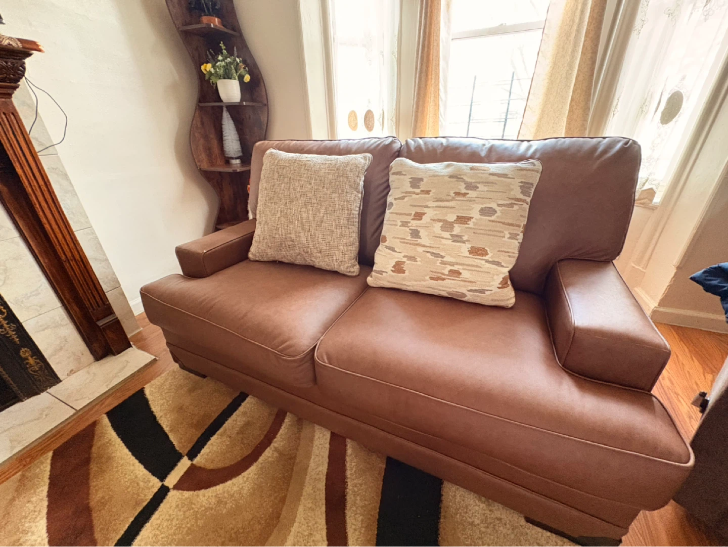 Brown Leather Sofa with Throw Pillows - photo 2